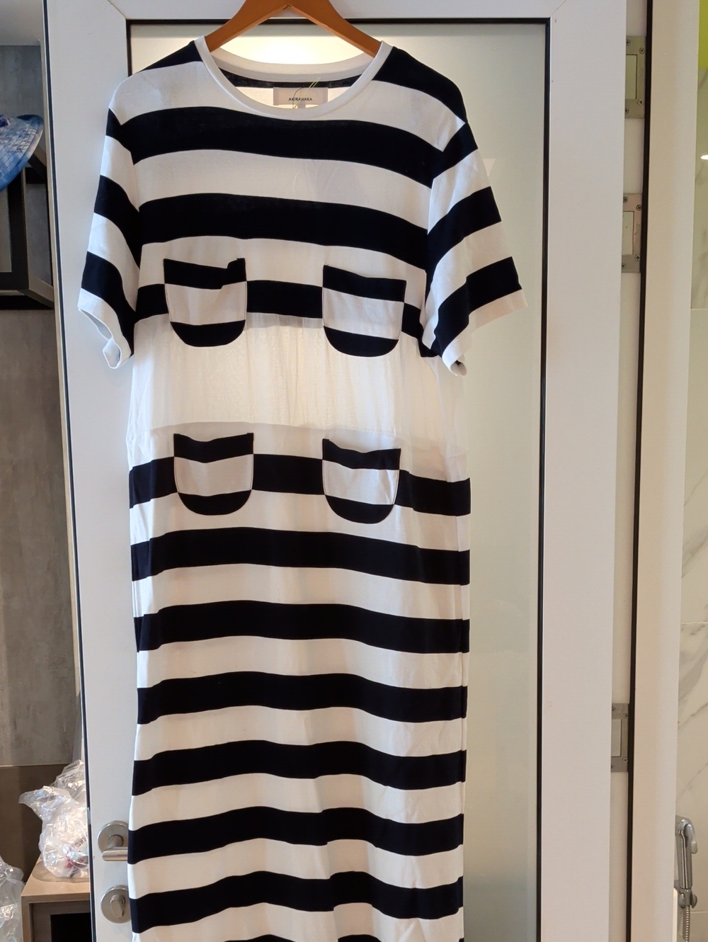 AKIRA Black and White Horizontal Stripe Short Sleeve Maxi Dress